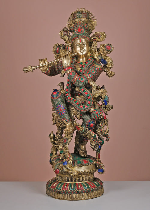 43" Large Brass Krishna with Cow Handmade Statue