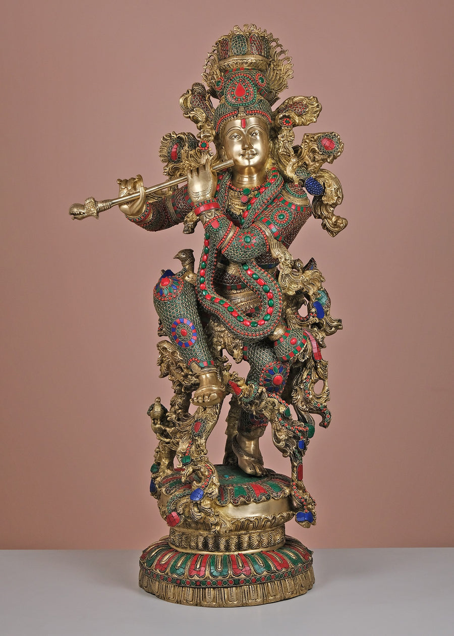 43" Large Brass Krishna with Cow Handmade Statue