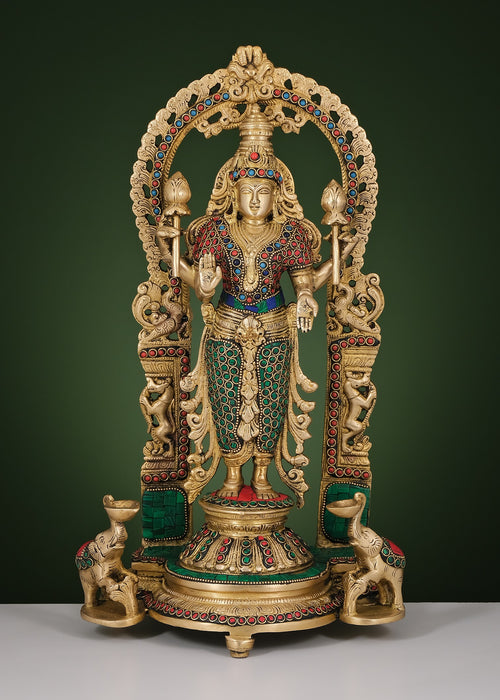 16" Handmade Brass Goddess Lakshmi Statue with Inlay Work