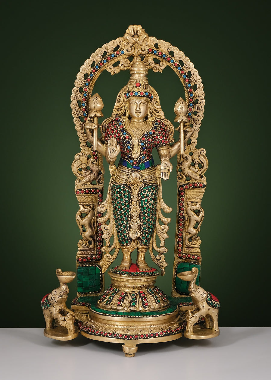 16" Handmade Brass Goddess Lakshmi Statue with Inlay Work