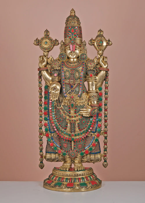 47" Large Handmade Brass Lord Venkateshwara Statue with Inlay