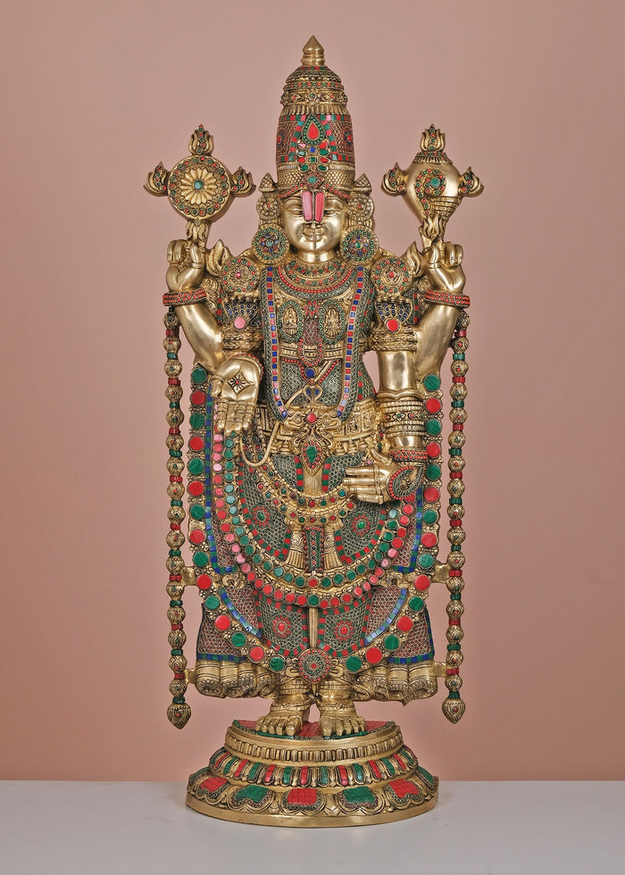 47" Large Brass Lord Venkateshwara with Inlay Work | Handmade