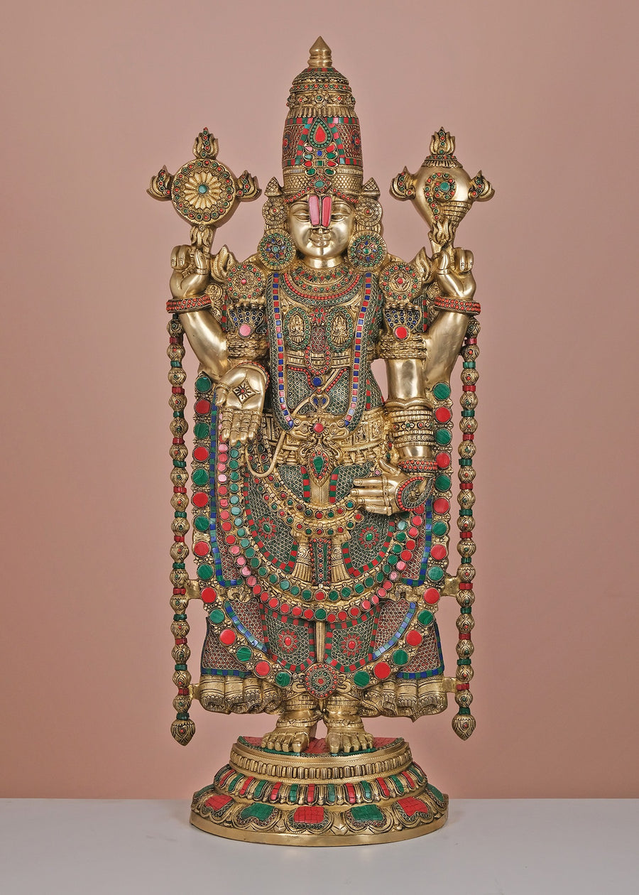 47" Large Handmade Brass Lord Venkateshwara Statue with Inlay