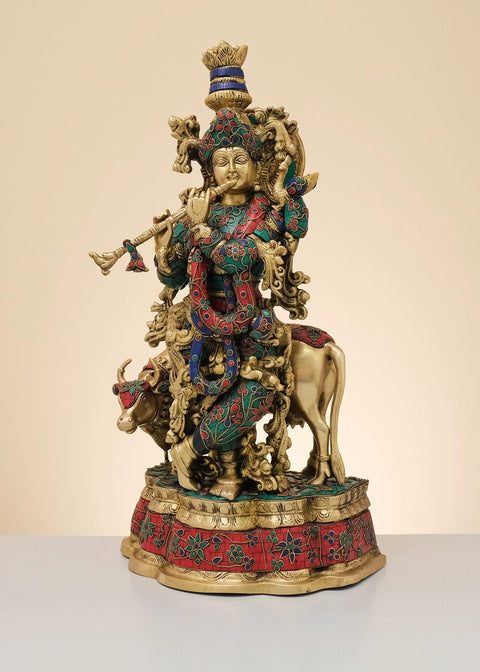 23" Brass Fluting Krishna with His Cow | Handmade