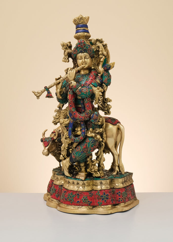 23" Brass Handmade Krishna with Cow Fluting Statue