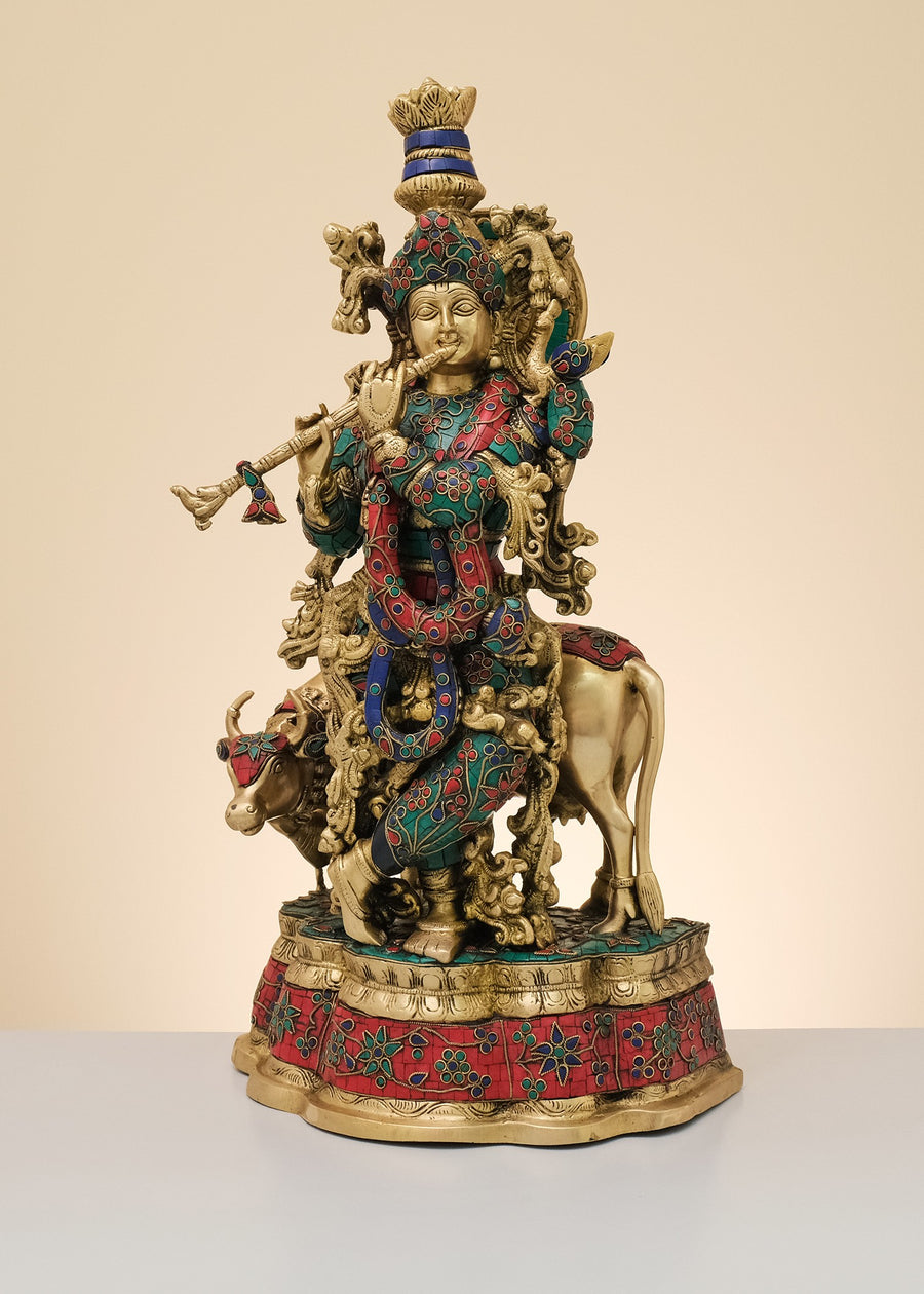 23" Brass Handmade Krishna with Cow Fluting Statue