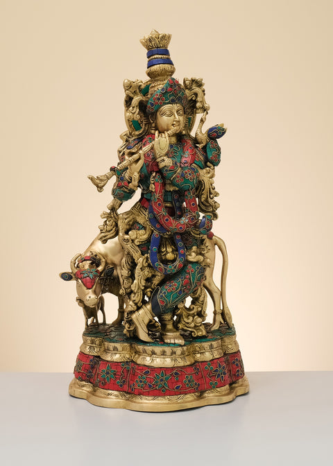 23" Brass Fluting Krishna with His Cow | Handmade