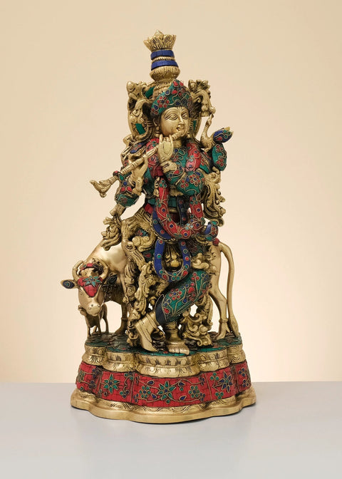 23" Brass Fluting Krishna with His Cow | Handmade
