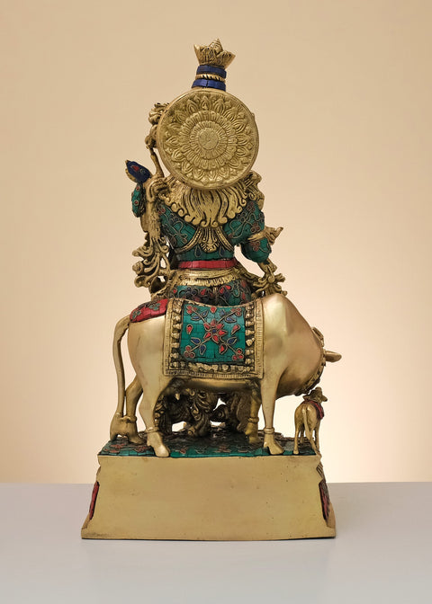 23" Brass Fluting Krishna with His Cow | Handmade