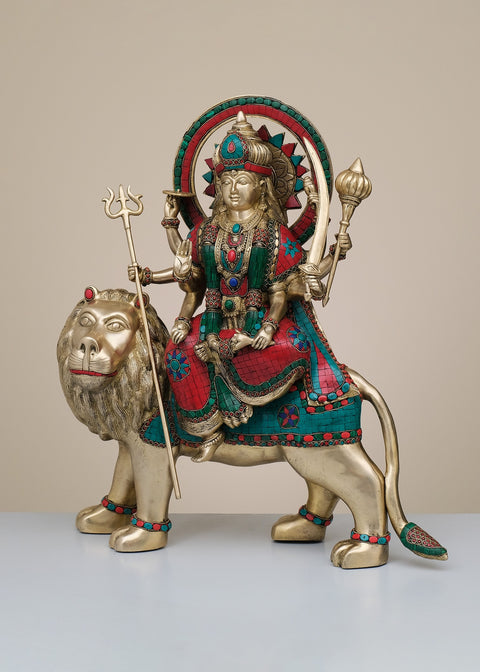 22" Brass Durga Maa with Inlay Work | Handmade