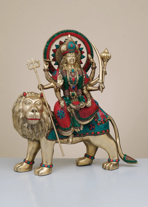 22" Brass Durga Maa with Inlay Work | Handmade