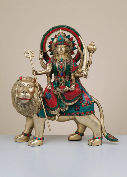 22" Brass Durga Maa with Inlay Work | Handmade