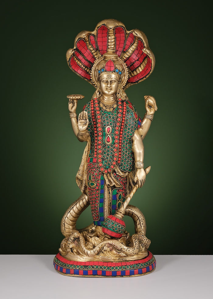 17" Handmade Brass Lord Vishnu Standing Statue with Inlay Work