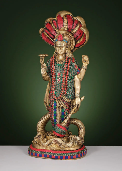 17" Brass Standing Lord  Vishnu with Inlay Work | Handmade