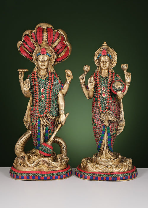 17" Handmade Brass Lord Vishnu and Goddess Lakshmi Standing Statue