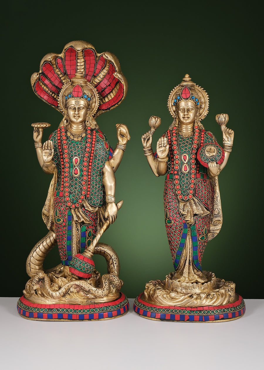 17" Handmade Brass Lord Vishnu and Goddess Lakshmi Standing Statue