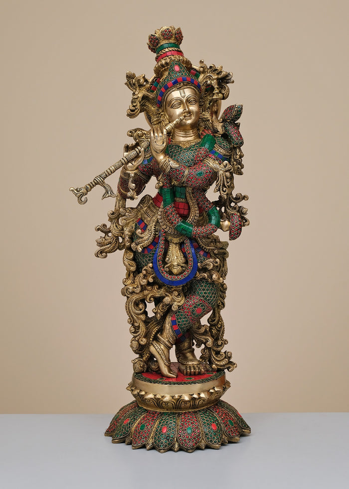 26" Handmade Brass Krishna Flute Player Statue with Inlay Work