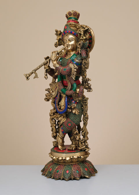 26" Brass Fluting Krishna with Inlay Work | Handmade