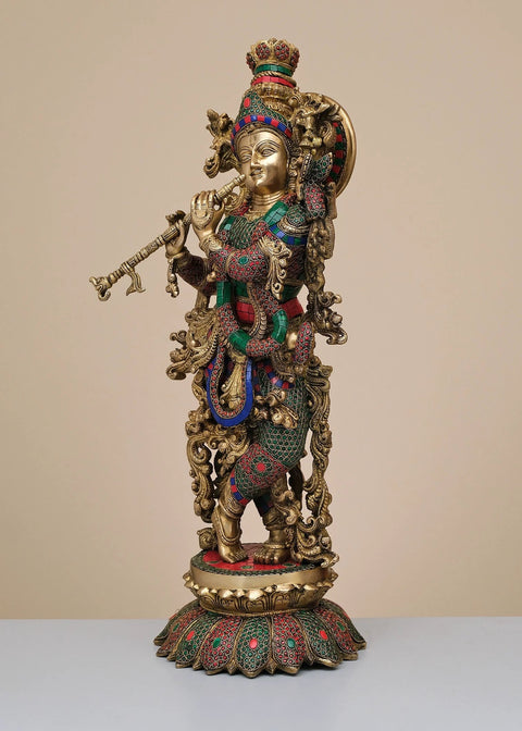 26" Brass Fluting Krishna with Inlay Work | Handmade