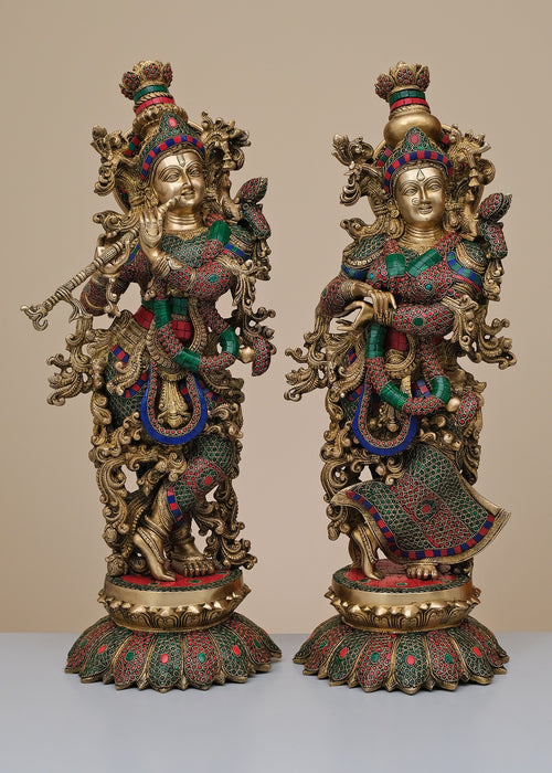 26" Brass Radha Krishna Statue with Inlay Work Handmade