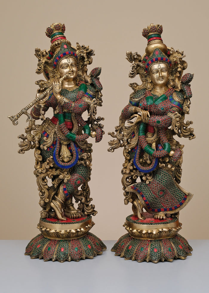 26" Brass Radha Krishna Statue with Inlay Work Handmade