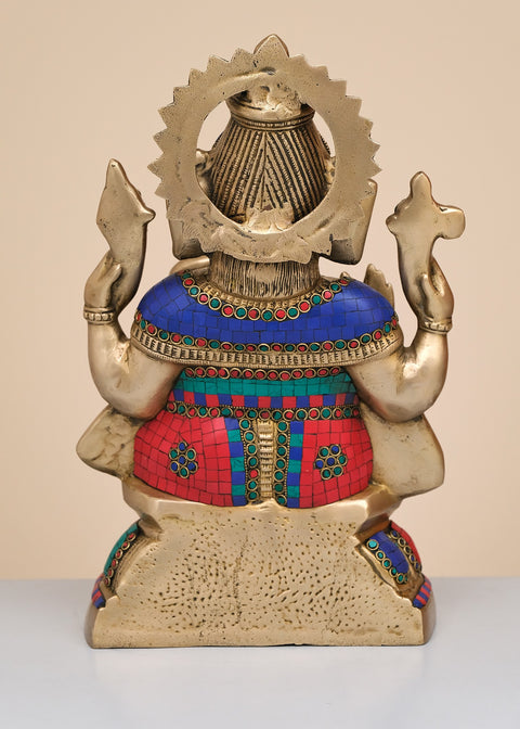 15" Brass Lord Ganesha with Inlay Work | Handmade