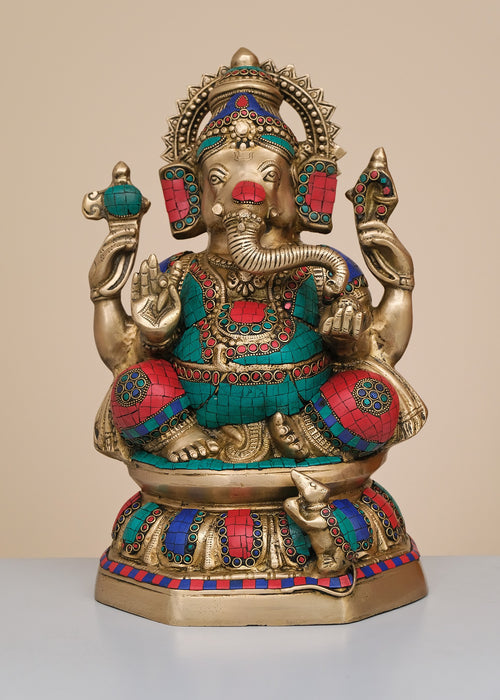 15" Handmade Brass Lord Ganesha Statue with Inlay Work