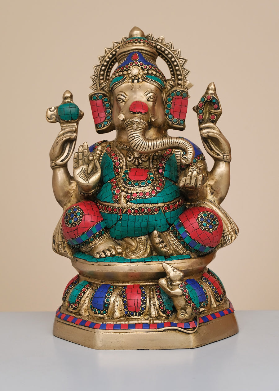 15" Handmade Brass Lord Ganesha Statue with Inlay Work