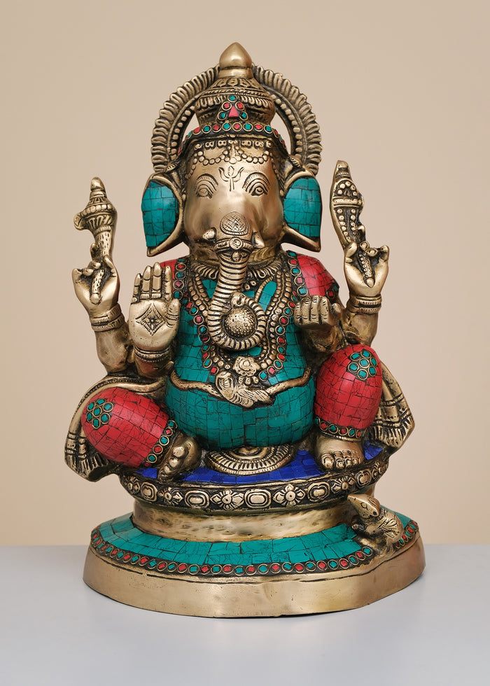 17" Brass Lord Ganesha Seated Statue with Inlay Work Handmade