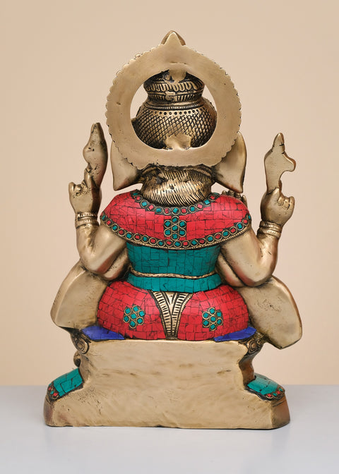 17" Brass Lord Ganesha Seated on Oval Base with Inlay Work | Handmade
