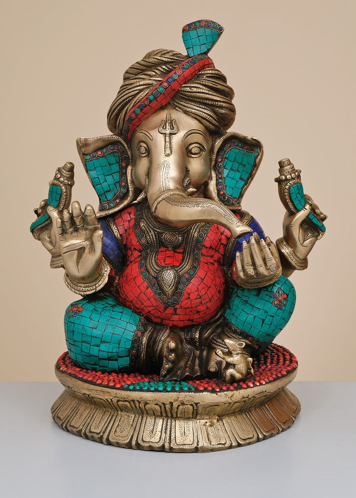 20" Handmade Brass Ganesha Statue with Inlay Work
