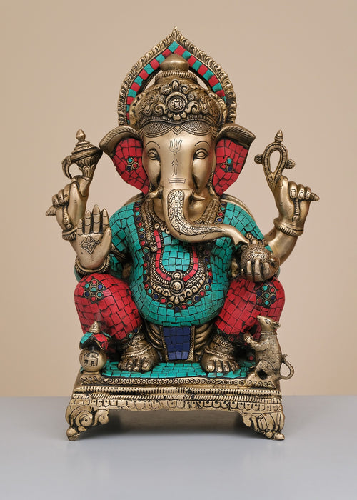 17" Brass Lord Ganesha Seated on Chowki Handmade Statue with Inlay Work