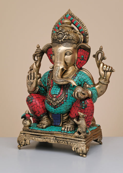 17" Brass Lord Ganesha Seated on Chowki with Inlay Work | Handmade