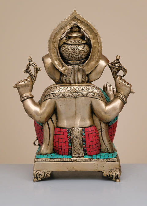 17" Brass Lord Ganesha Seated on Chowki with Inlay Work | Handmade