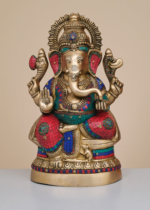 20" Handmade Brass Lord Ganesha Seated Statue with Inlay Work