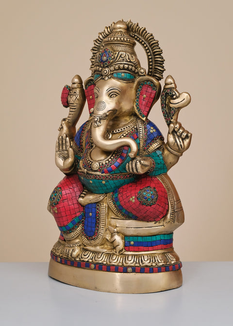 20" Brass Lord Ganesha Seated on Oval Base with Inlay Work | Handmade