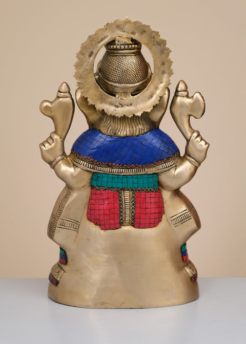 20" Brass Lord Ganesha Seated on Oval Base with Inlay Work | Handmade