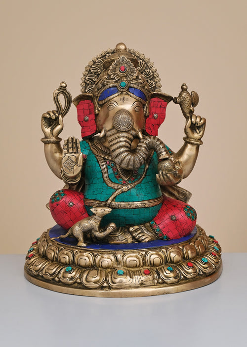 16" Brass Lord Ganesha Half Round Base Statue with Inlay Work