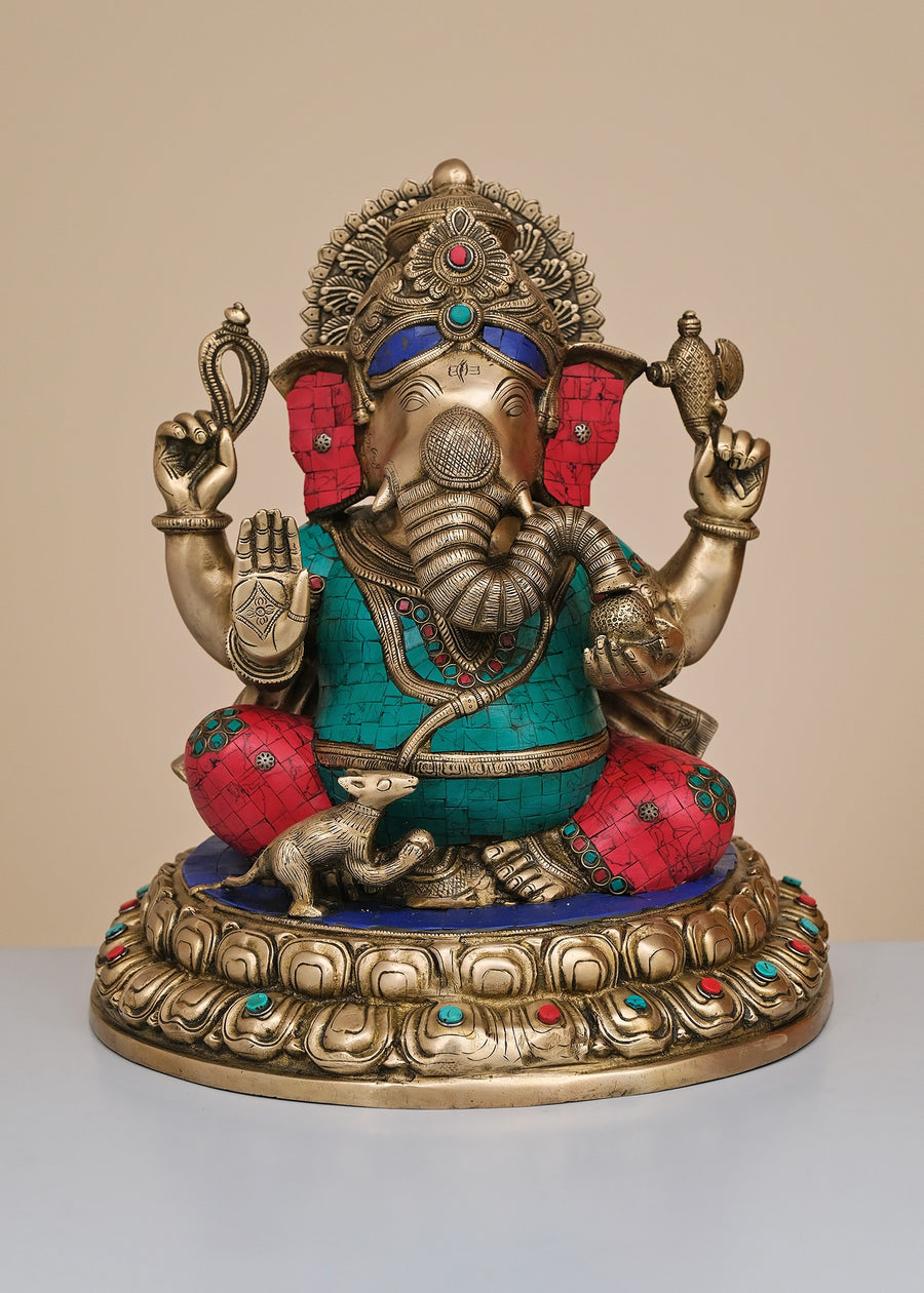 16" Brass Lord Ganesha Half Round Base Statue with Inlay Work