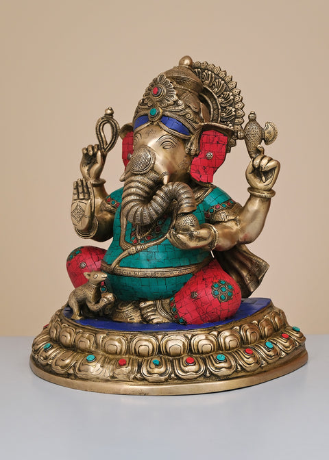 16" Brass Lord Ganesha Half Round Base with Inlay Work | Handmade
