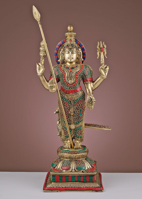 19" Handmade Brass Lord Murugan Statue with Inlay Work