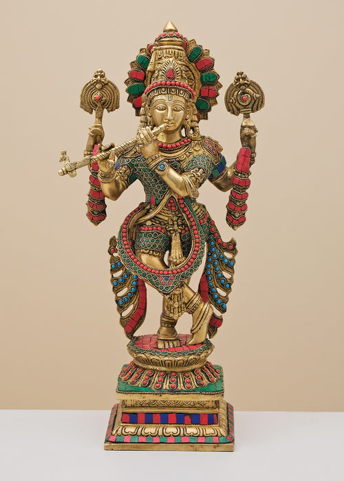 19" Brass Krishna with Flute and Vaishnava Symbol Statue