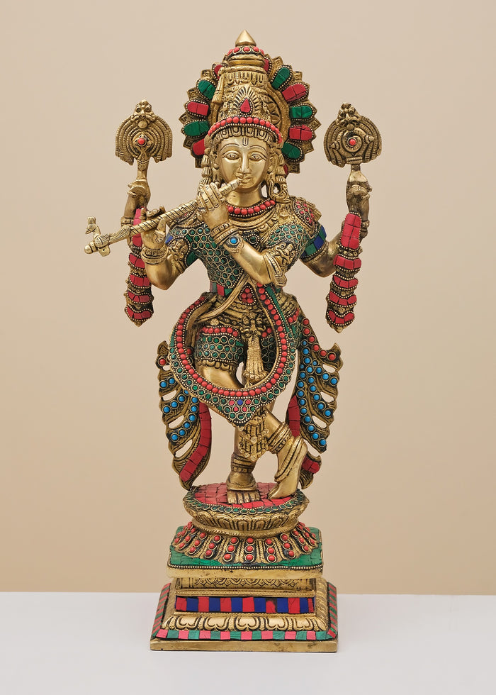 19" Brass Krishna with Flute and Vaishnava Symbol Statue