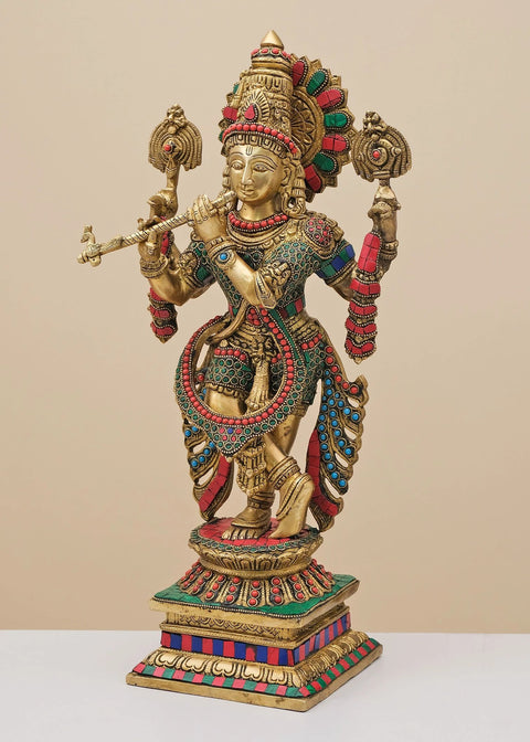 19" Brass Fluting Krishna with Vaishnava Symbol | Handmade