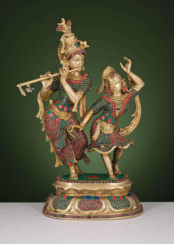 16" Handmade Brass Dancing Radha Krishna Statue with Inlay Work