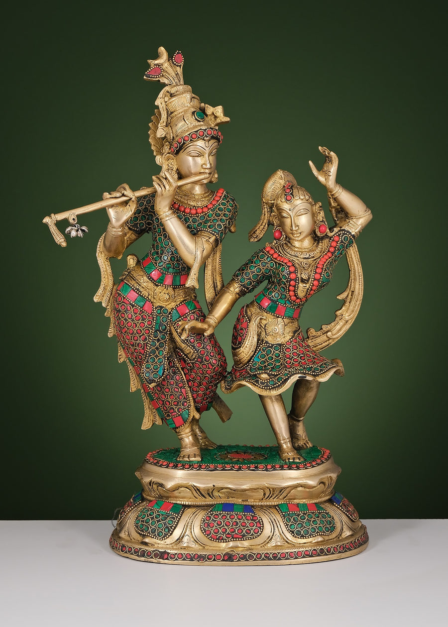 16" Handmade Brass Dancing Radha Krishna Statue with Inlay Work