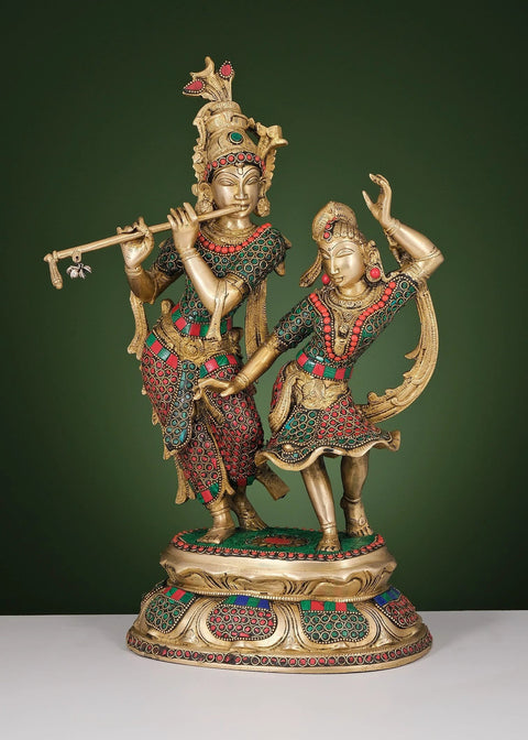 16" Brass Dancing Radha Krishna with Inlay Work | Handmade