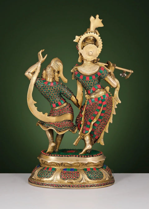 16" Brass Dancing Radha Krishna with Inlay Work | Handmade