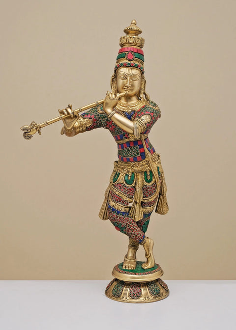 23" Brass Fluting Krishna with Inlay Work | Handmade