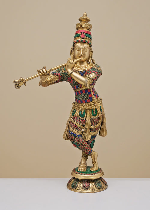 23" Brass Krishna Flute Player Statue with Inlay Handmade